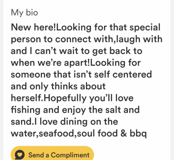 screenshot of a dating profile asking for someone not self centered