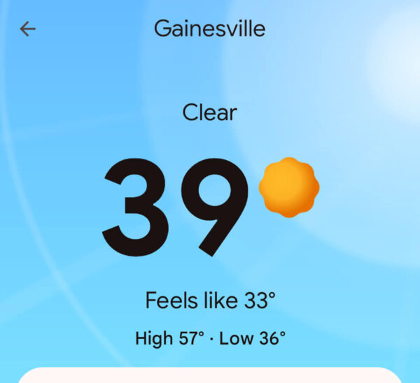 screenshot of a weather forecast showing 39 degrees